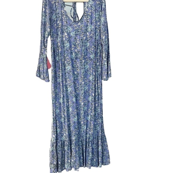 Miss Komo’do Blue Tropical Print Maxi Dress Ruffled Hem Flare Sleeves Sz L/XL - Picture 3 of 12